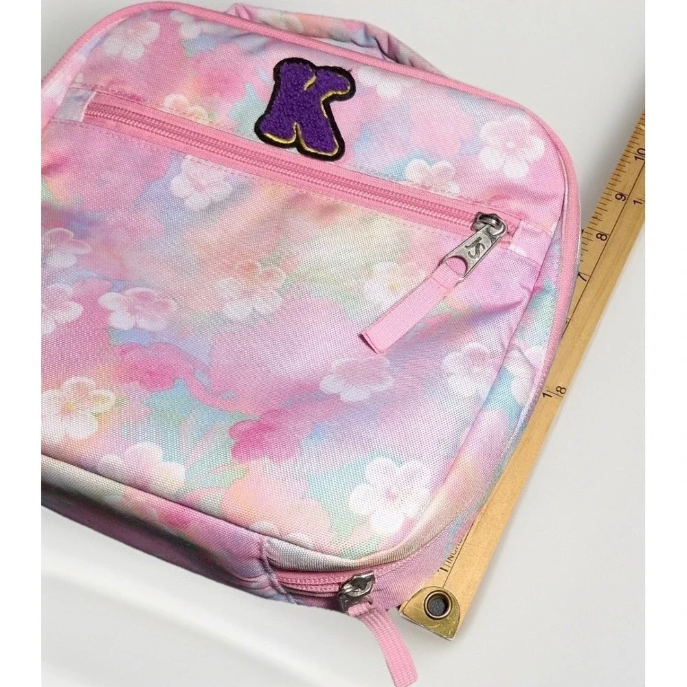 JanSport Lunch Break Bag Pink Floral Watercolor Chenille K Patch